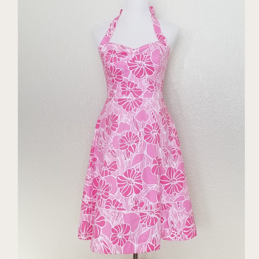 😀 Lilly Pulitzer Pink & White Floral Halter Dress